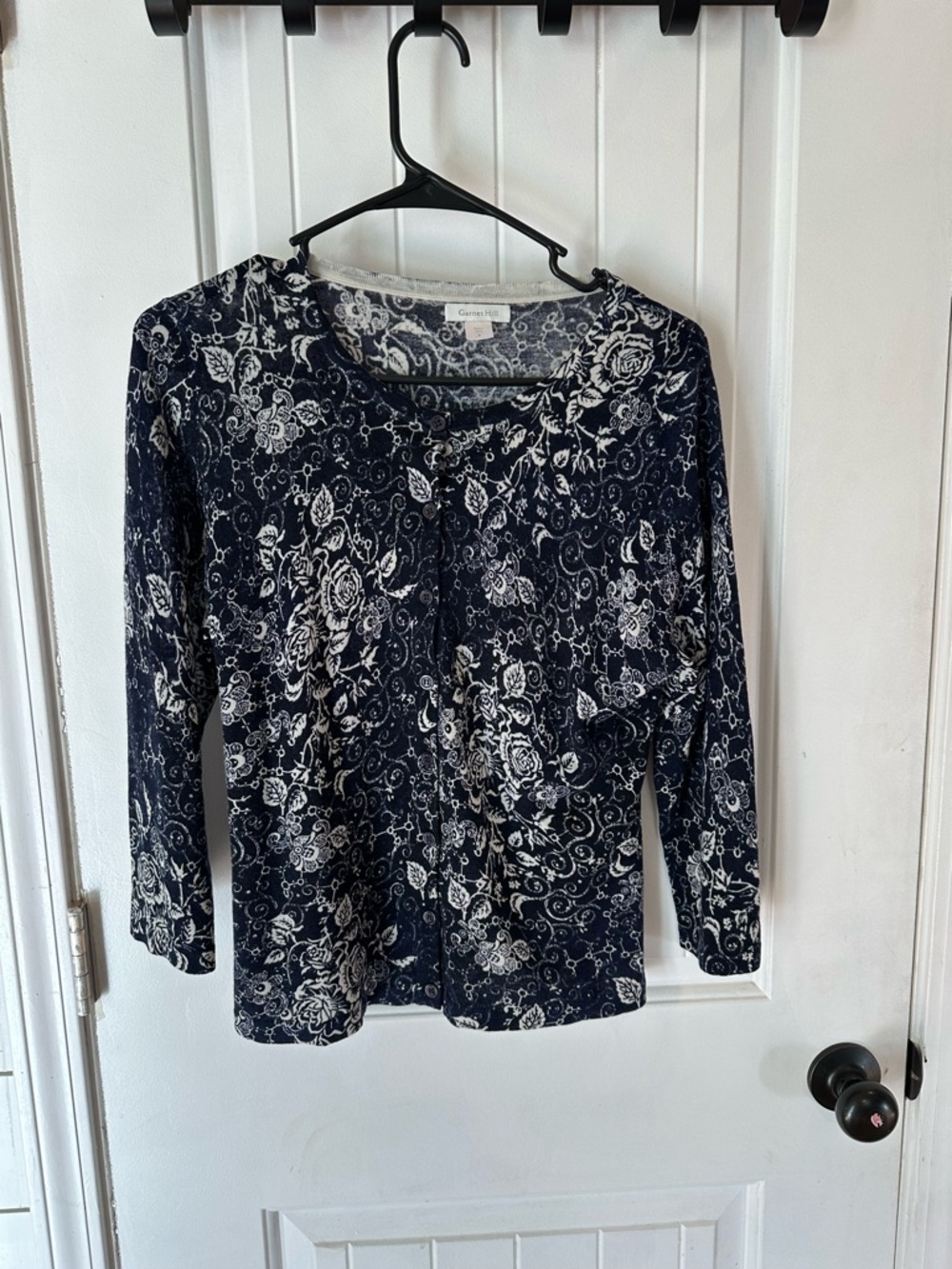 Garnet Hill Navy and White Floral Long-Sleeve lightweight wool cardigan